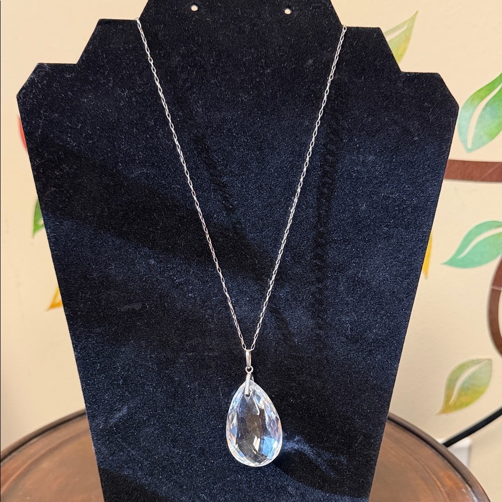 SS 925 Teardrop Rock Crystal Pendant & Necklace 32” Chain & 1 1/2” Crystal Charm